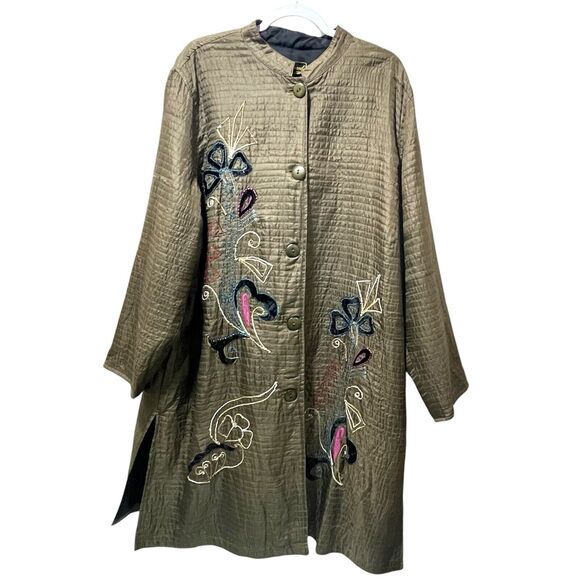 Mirasol Woman Long Coat Mixed Media Design Large Buttons Viscose, Olive Green 3X - Picture 1 of 7